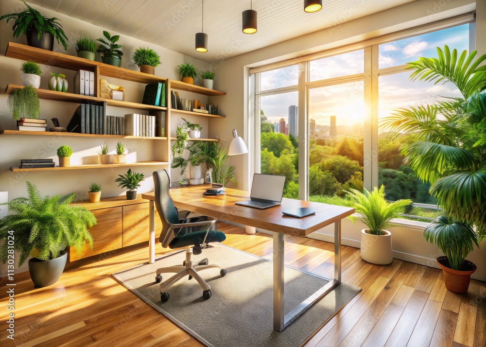 Fototapeta premium Drone's eye view: a contemporary home office, elegantly designed and efficiently arranged.