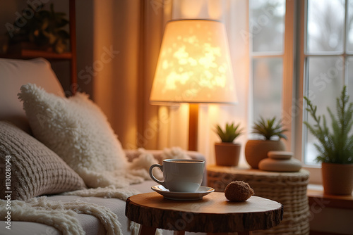 Scandinavian, hygge interior design of cozy modern living room with soft glowing fur, fluffy lamp, cup on wooden side table and natural decorative elements, including soft pillows and warm lighting.

