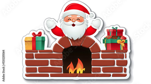 Cheerful Santa Claus with Gifts Above a Fireplace in a Festive Setting, Perfect for Christmas Celebrations and Holiday Decorations