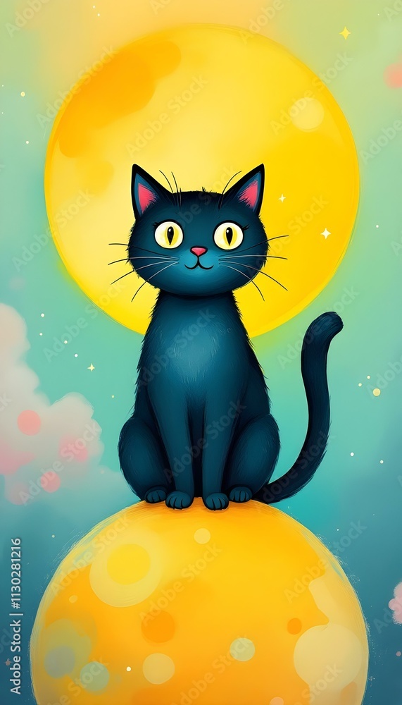 Fototapeta premium Black Cat Sitting on Yellow Moon Night Sky Art Print