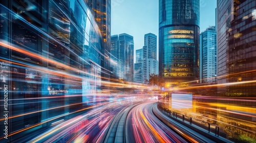 A futuristic urban environment with dynamic holographic displays and motion trails weaving through the skyline
