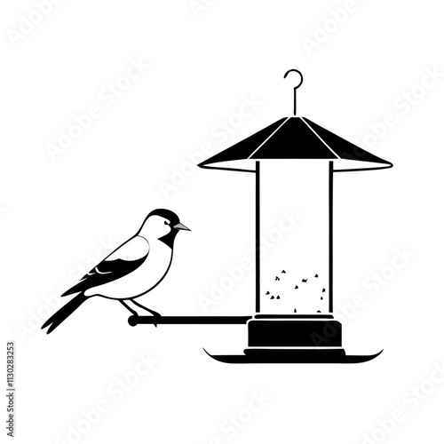 Bird eating on feeder in line drawing style, transparent background