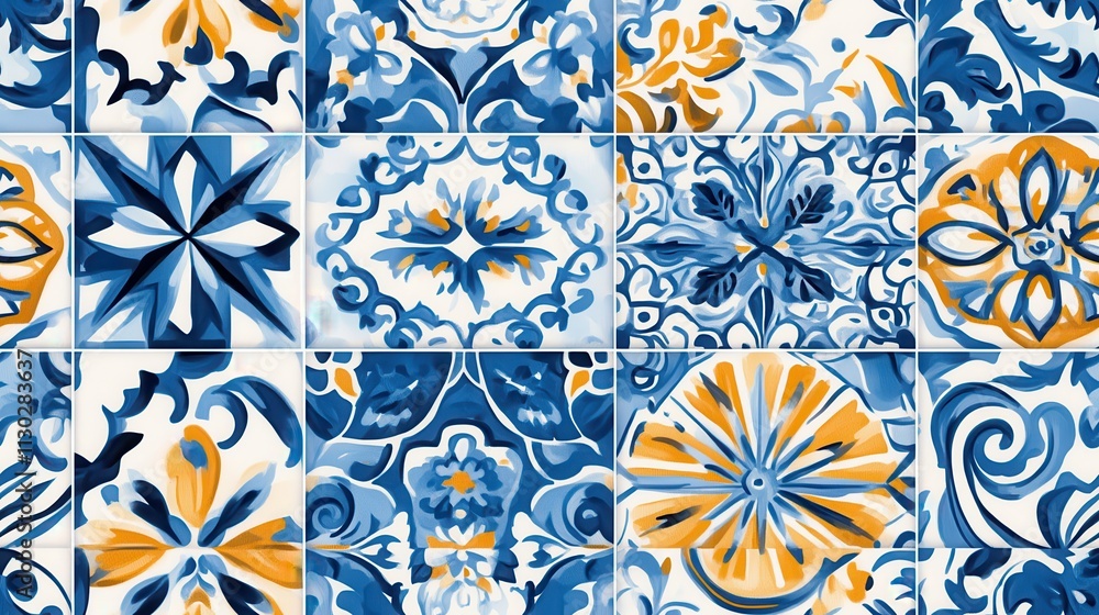 Seamless Pattern with Santorini-Inspired Blue and White Tile Designs Intricate blue and white geometric patterns and delicate floral motifs are arranged in a sophisticated and elegant style. Seamless Pattern with Santorini-Inspired Blue and White Tile Designs Intricate blue and white geometric patterns and delicate floral motifs are arranged in a sophisticated and elegant style.