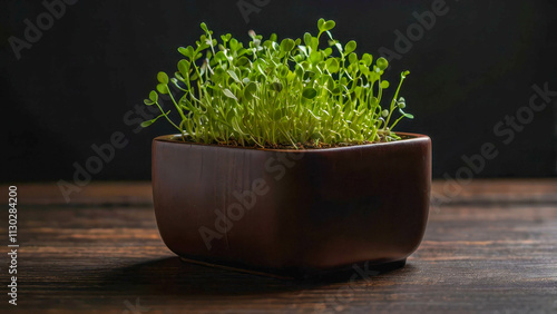 A small dark wooden pot with growing microgreens, dark wooden surface. The microgreens look fresh and juicy, adding a bright green accent. photo