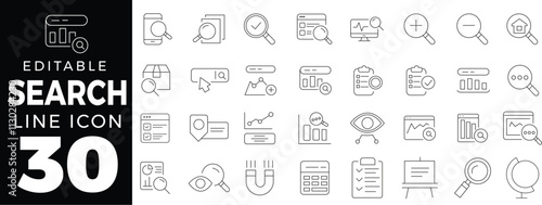 Search set of web icons in line style. Magnifying glass linear icon collection. Containing SEO, Digital marketing, data analysis, management, investigate, find and more. Editable stroke