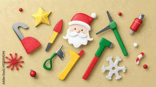 Festive Workshop Tools and Santa Character Illustration for Holiday Crafts and Decorations with Colorful Elements on a Warm Background