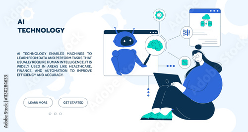 Girl uses AI bot as an asisstent, ai assistant bot artificial intelligence technology. Vector illustration