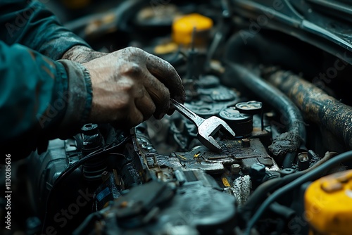 Close-up of a Mechanic's Hand Repairing a Vehicle photo