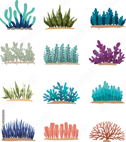 Seaweed and rock on sand illustration border for decoration on aquatic and marine life landscape.