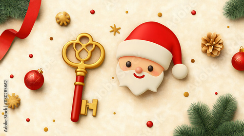 Charming Christmas Elements Featuring Santa, Decorative Key, Ornaments, and Festive Accents on a Soft Background for Holiday Celebrations