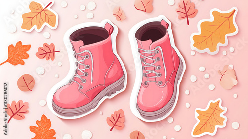 Colorful Pink Boots Surrounded by Autumn Leaves and Pebbles on a Soft Pink Background, Perfect for Fashion and Seasonal Themes in Creative Imagery