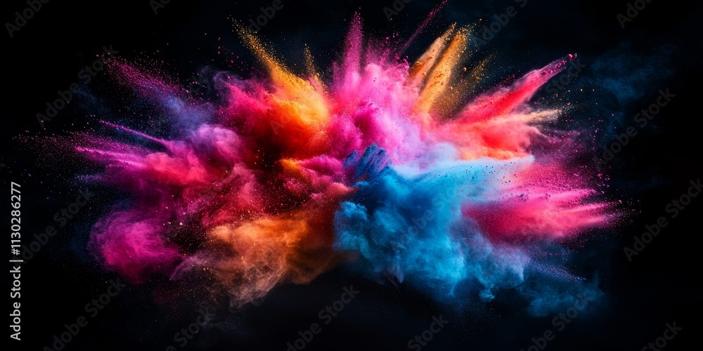 Fototapeta premium Vibrant multicolor powder explosion creates a stunning display on a black background. This colorful dust cloud emerges, capturing the essence of a paint Holi celebration with vivid bursts of color.