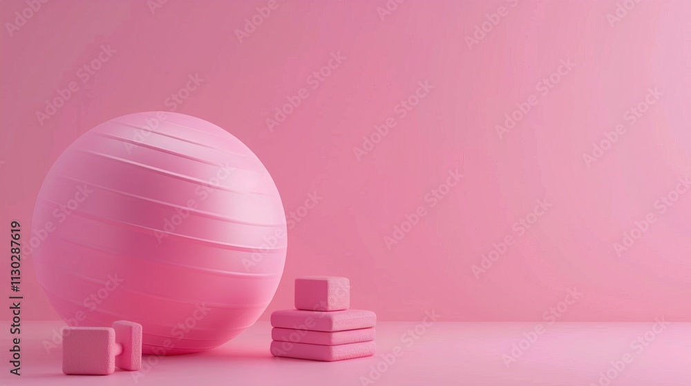 An exercise ball and a pair of yoga blocks on a solid pink background.
