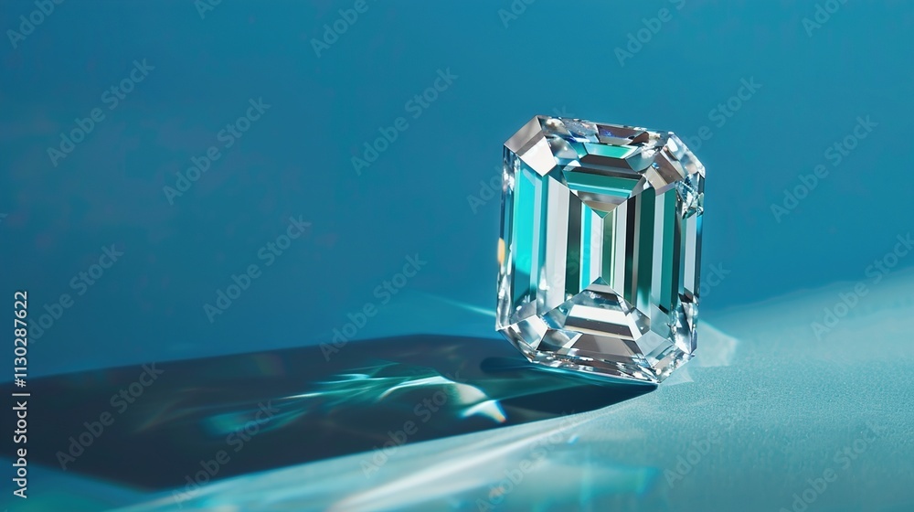 An emerald-cut diamond displayed against a solid blue background, accentuating its clean lines.