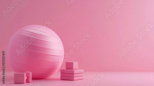 Obraz na płótnie An exercise ball and a pair of yoga blocks on a solid pink background. w salonie