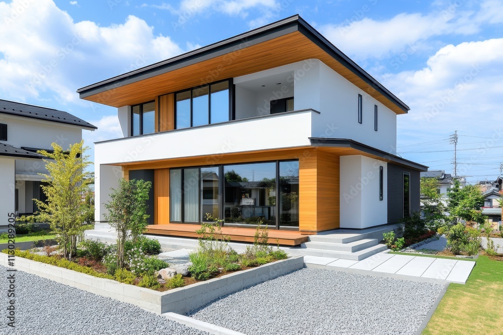 Fototapeta premium Modern two-story house with a landscaped garden and clear blue sky.