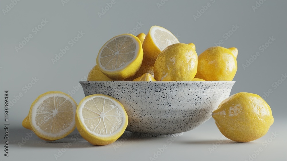 A bowl filled with lemons on a solid gray background.