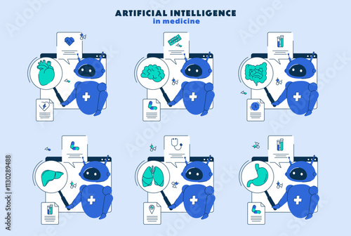 Set of AI in healthcare, transforming patient care and medical solutions. AI research in internal organ analysis. Vector illustration