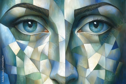 A striking close-up of a woman's face, depicted in geometric shapes and cool tones, emphasizing her captivating blue eyes.
