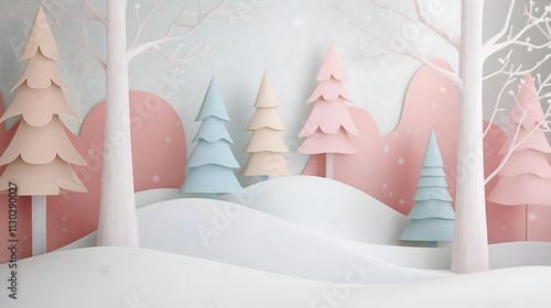 Enchanting Winter Landscape with Pastel Paper Trees and Snow-Covered Hills in a Soft Color Palette Perfect for Seasonal Decor and Design Inspiration