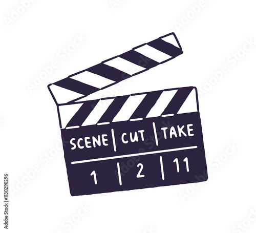 Icon of cinema clapboard. Black clapperboard, filmmaking cut, clip, state. Movie clap board. Sign of clapper. Cinematography, television symbol. Flat isolated vector illustration on white background