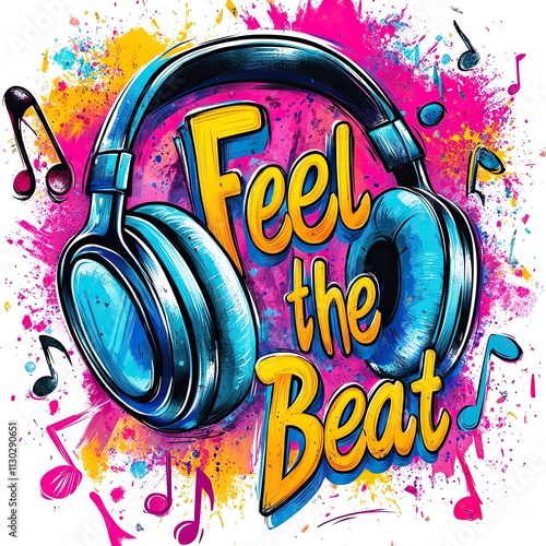 Feel the Beat: Vibrant Headphones in an explosion of color and music notes.  A dynamic illustration capturing the energy and rhythm of music.  photo