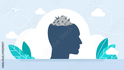 Propaganda concept. Trash can on head. Manipulation and brainwashing. Open human head with garbage thrown out it from trash. Garbage in head, rubbish in brain symbol. Vector illustration