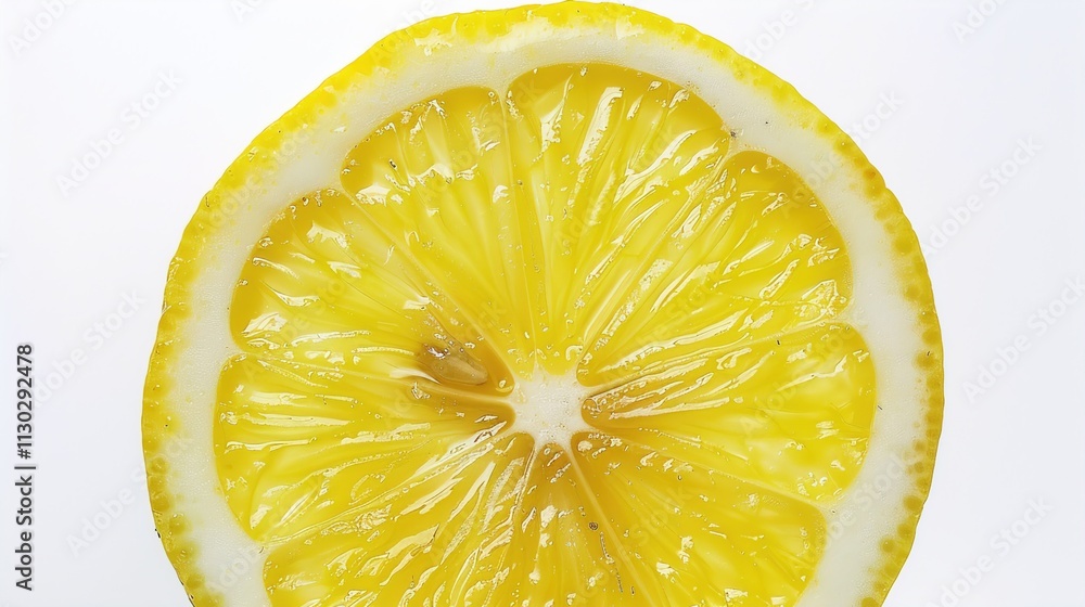 A bright yellow lemon slice against a solid white background.