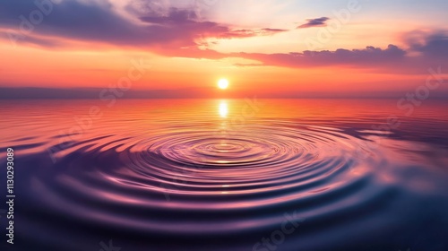 Harmonious water circles, gentle sunset glow, mirror-like ocean surface, artistic seascape capture, pure ripple patterns, magical twilight colors, serene marine minimalism