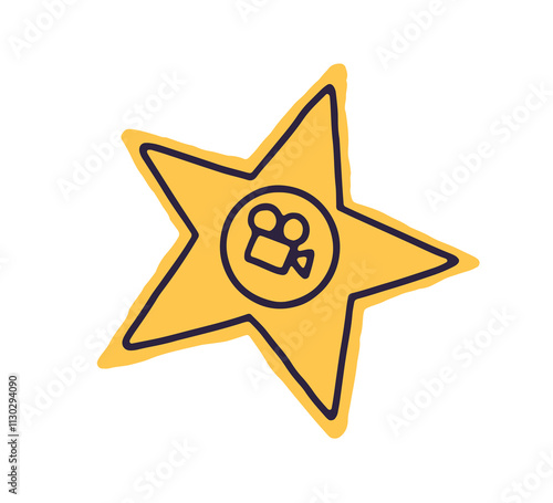 Hollywood walk of fame symbol. Golden star of famous cinema actor on boulevard. Gold movie award with camera sign. Cinematography sidewalk. Flat isolated vector illustration on white background