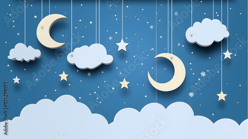 Whimsical Night Sky with Hanging Moon and Stars on a Cloudy Background Ideal for Children's Themes and Sleep Environment Designs