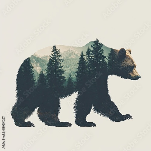 Grizzly in the Pines: Double Exposure of a Majestic Bear and Mountain Landscape 