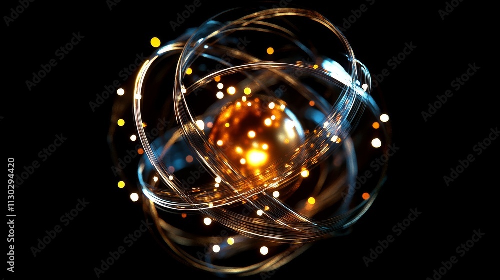 Obraz premium luminous atomic sphere, radiating golden particles, spiral energy streams, pitch black cosmos, brilliant core light, abstract quantum visualization, dynamic particle flow, metaphysical energy art,