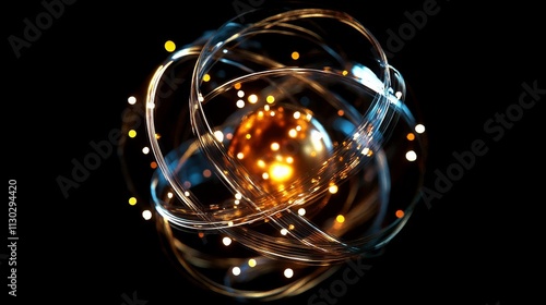 luminous atomic sphere, radiating golden particles, spiral energy streams, pitch black cosmos, brilliant core light, abstract quantum visualization, dynamic particle flow, metaphysical energy art,