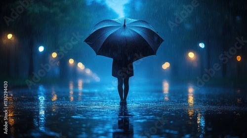 Wallpaper Mural Solitary figure under umbrella in rainy night street. Torontodigital.ca