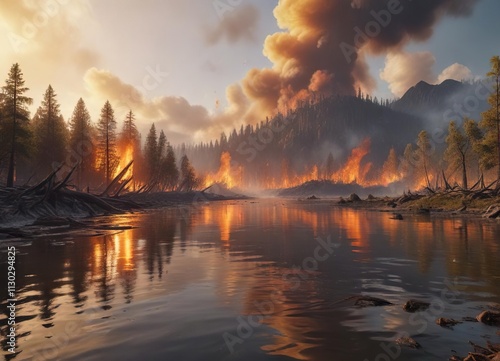 A massive wildfire engulfs a flooded landscape, wildfire, ruin photo