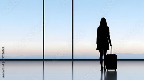 travel concept, woman in airport, passenger silhouette waiting with luggage in airport photo