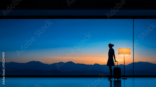 travel concept, woman in airport, passenger silhouette waiting with luggage in airport photo