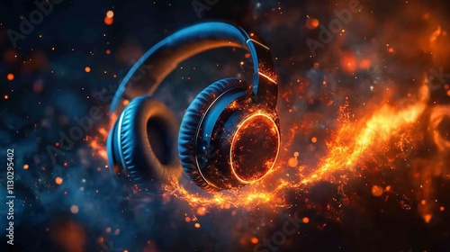 Over-ear headphones suspended in fiery sparks. photo