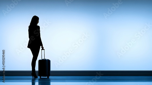 travel concept, woman in airport, passenger silhouette waiting with luggage in airport photo