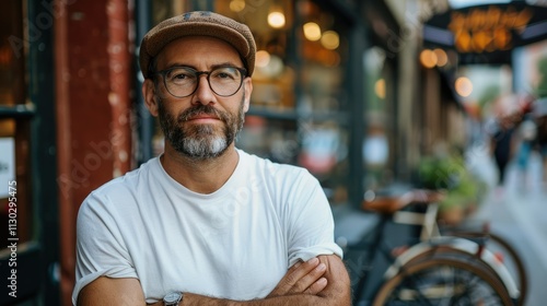 Confident man with arms crossed standing outdoors. photo