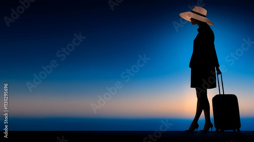 travel concept, woman in airport, passenger silhouette waiting with luggage in airport photo