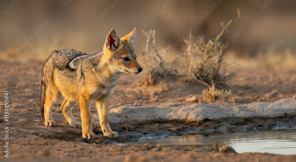 Obraz premium Curious young jackal exploring at sunset in african savanna for wildlife conservation