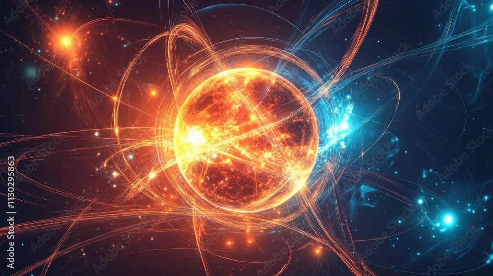 Obraz premium particle collision art, complementary energy spheres, luminescent orbital traces, deep space ambiance, atomic balance concept, dynamic fusion visualization, cosmic interaction design, quantum light