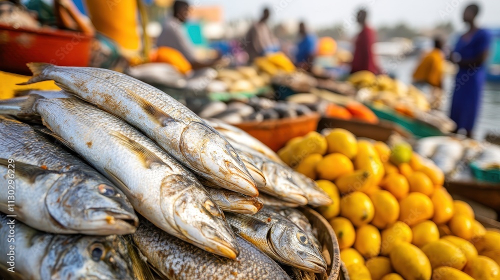 Obraz premium Vibrant Fish Market Scene: Fresh Catch and Tropical Fruits