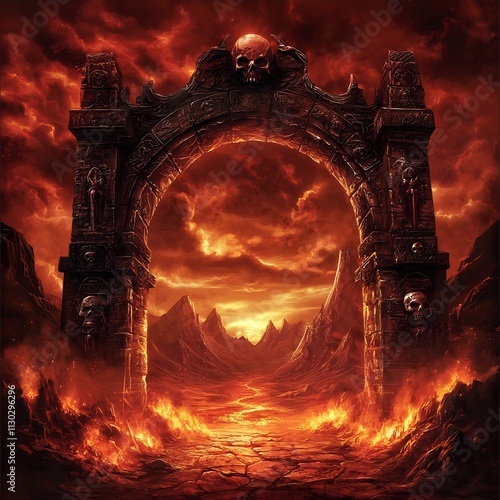 Apocalyptic Fantasy Hellfire Portal with Demonic Arch and Desolate Landscape photo