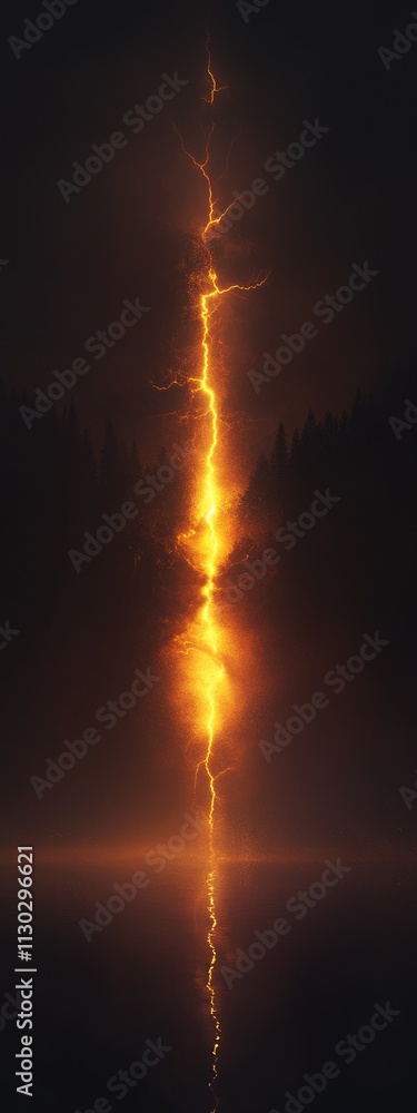 Obraz premium A dramatic lightning bolt reflected on a calm lake, surrounded by dark silhouettes of trees.