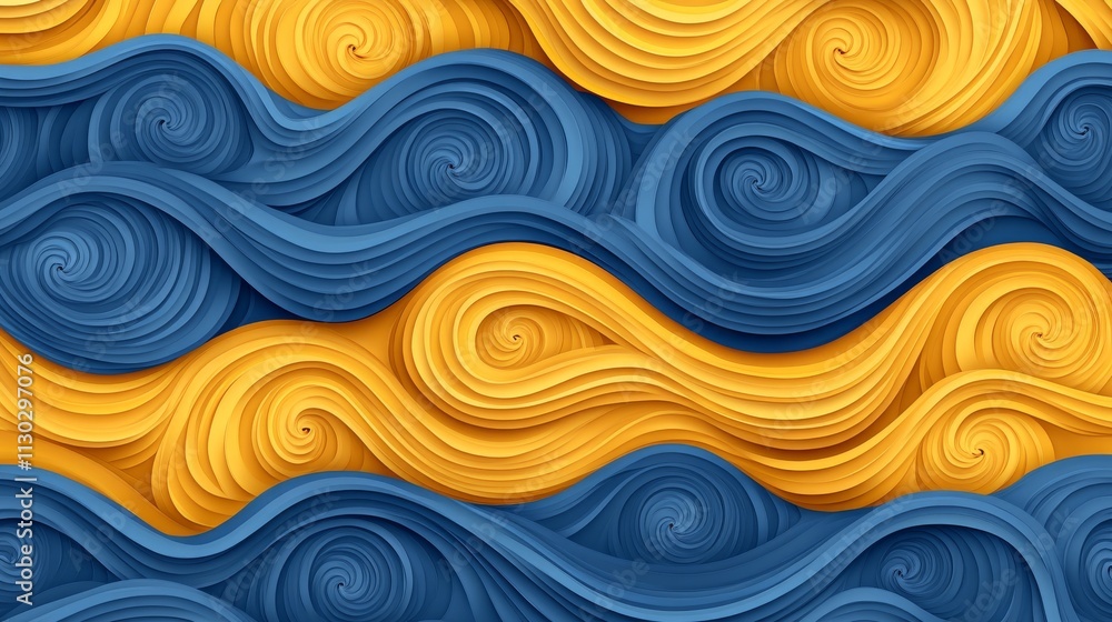 Fototapeta premium seamless wave pattern art, stacked layer design, oceanic blue merging into sunny yellow, gentle flowing curves, abstract papercut effect, minimalist composition, professional background template