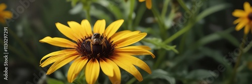 A spider sits on the center of a bright yellow Rudbeckia hirta flower , daisy family, bee attractant, wildflowers photo