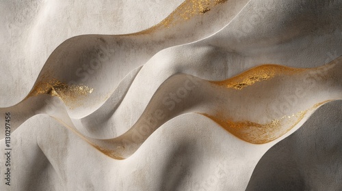 Sand-like textures forming organic shapes in soft neutral tones, highlighted with gold accents photo